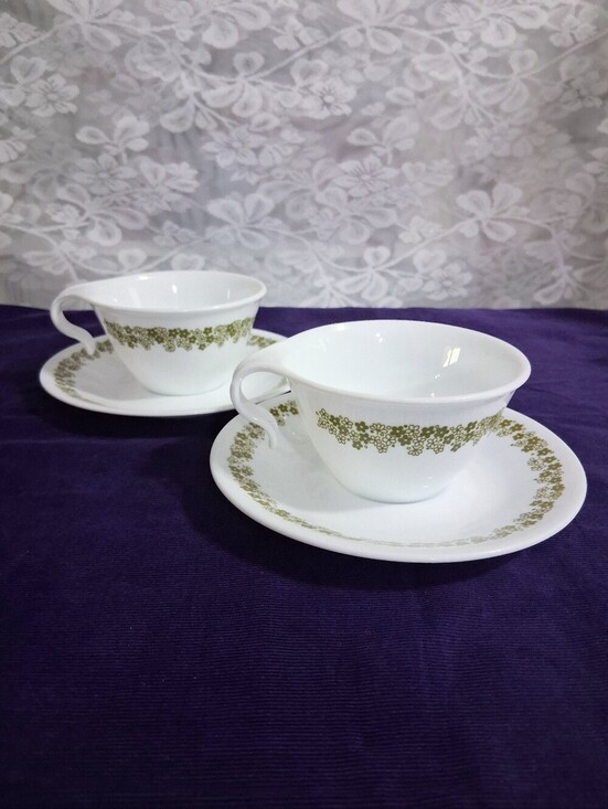 Corelle Other - Vintage Corelle Spring Blossom Crazy Daisy Teacup & Saucer Sets Green Pair